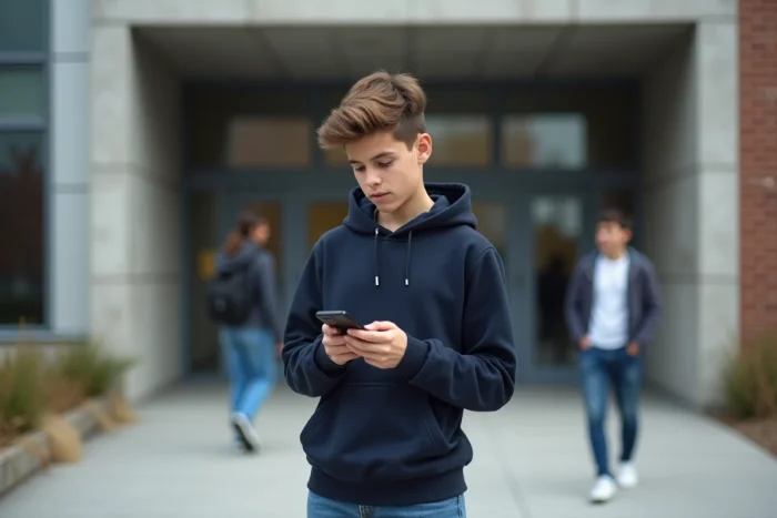 Adolescent vérifiant son forfait bloqué de téléphone devant une école