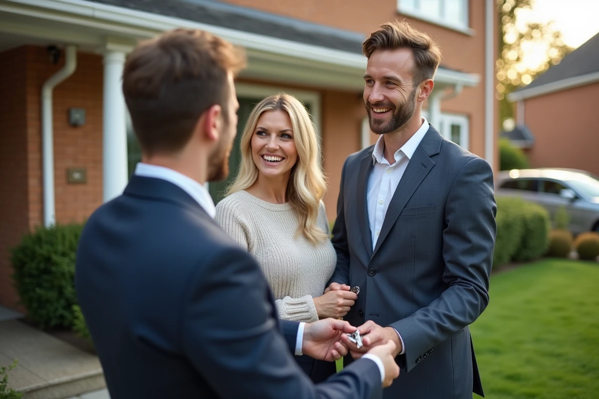 Agent immobilier remettant des clés à un couple devant une maison