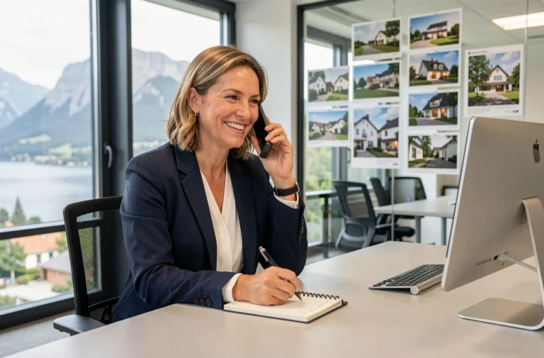 Agente immobilière professionnelle en Isère contactant un client par téléphone dans son agence moderne avec vue sur le Vercors