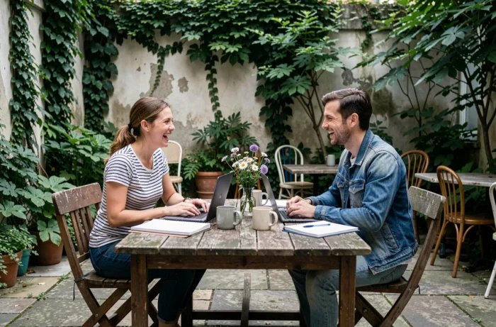 Deux amis travaillant ensemble en créativité dans un jardin urbain vintage avec ordinateurs et carnets de croquis