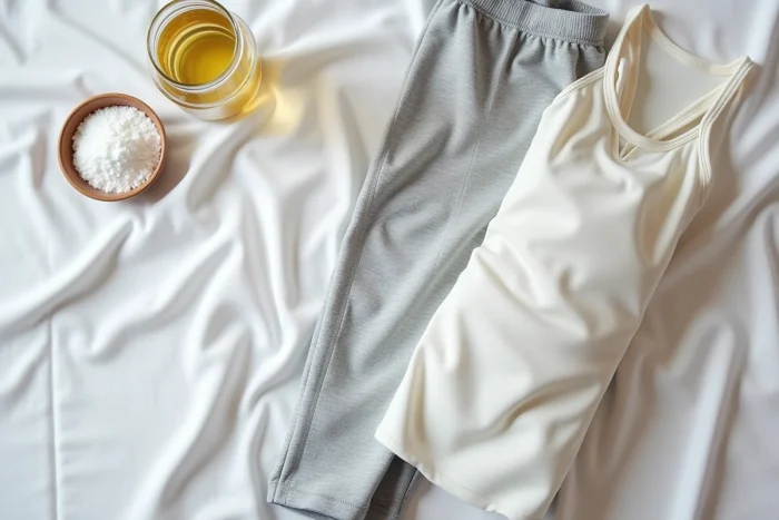Vêtements de sport malodorants posés à plat avec du vinaigre blanc et du bicarbonate de soude comme remèdes naturels contre les odeurs de transpiration