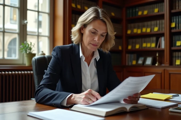 Avocate française examinant des documents juridiques dans un cabinet parisien illustrant la différence entre forclusion et prescription en droit français