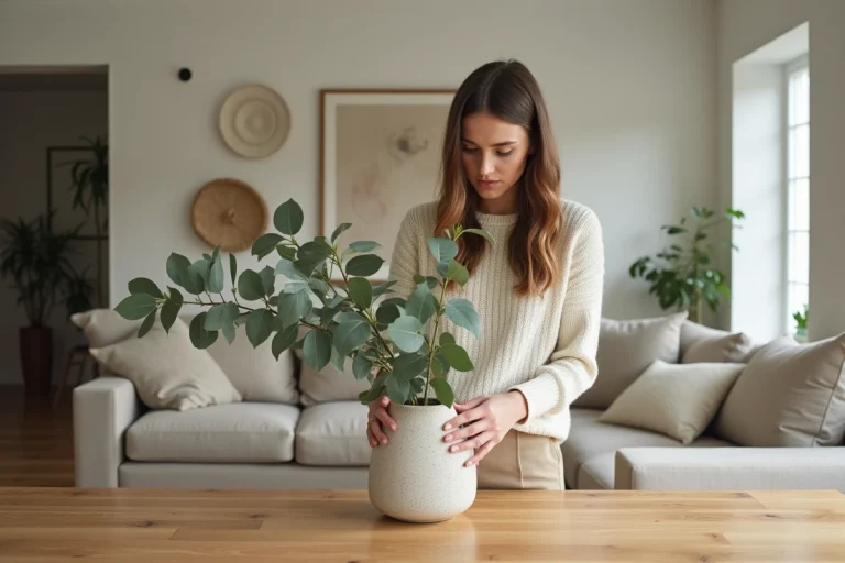 Jeune femme arrangeant des branches d eucalyptus dans un vase en céramique