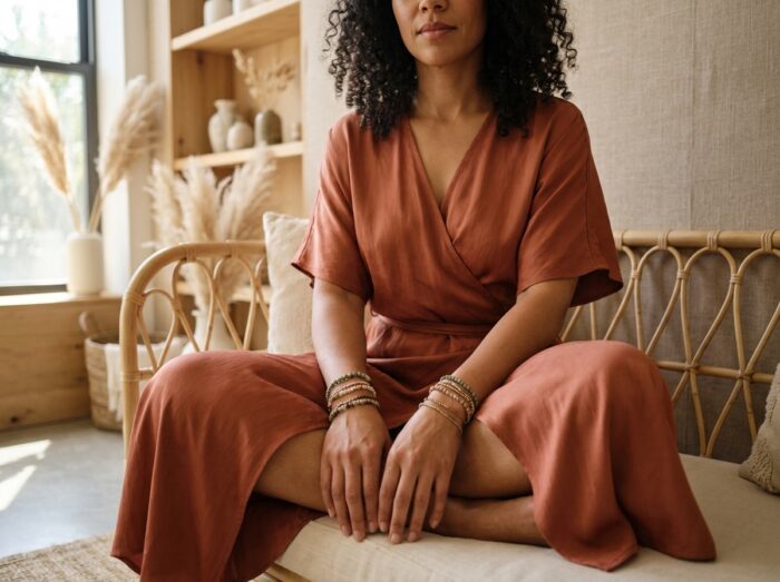 Femme portant des bracelets fins en perles et chaînes dans un salon scandinave chaleureux