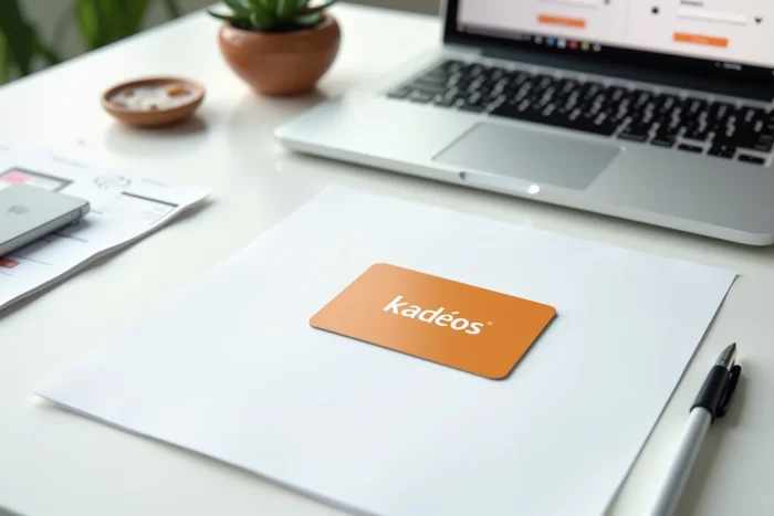 Carte cadeau Kadéos posée sur un bureau à côté d'un clavier et d'un écran Amazon pour illustrer le processus de paiement en ligne