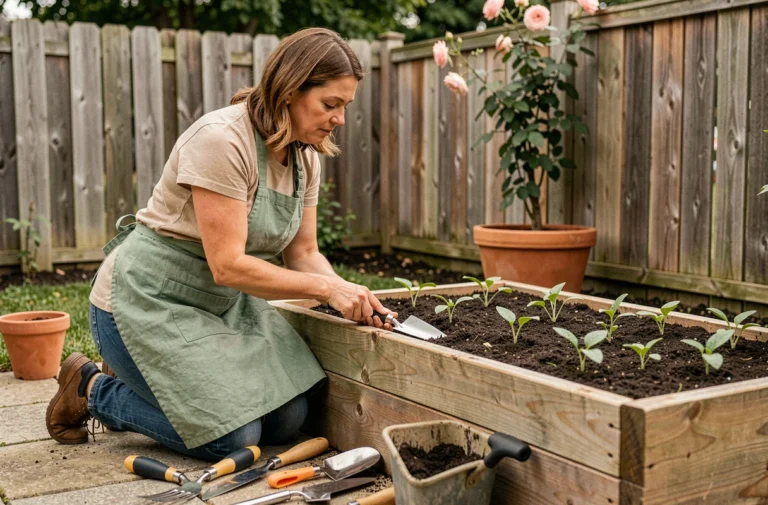 Femme jardinière sélectionnant des outils de jardinage ergonomiques devant un carré potager en bois dans un jardin résidentiel soigné