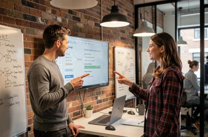 Deux développeurs collaborant sur les nouvelles fonctionnalités d'une plateforme de scripting dans un open space tech