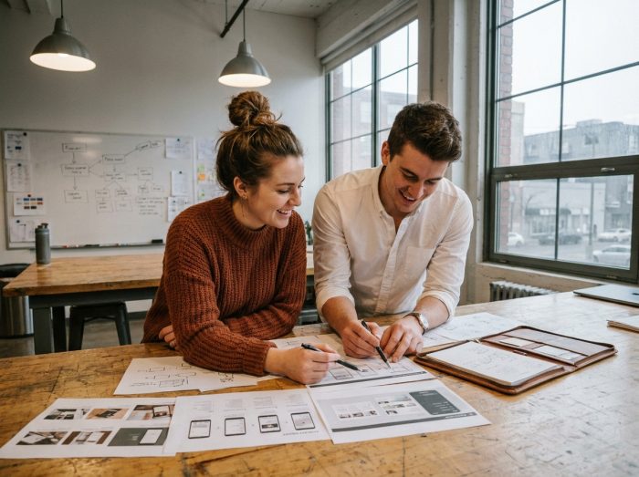 Deux étudiants en prépa art collaborant sur un portfolio créatif dans un studio de design