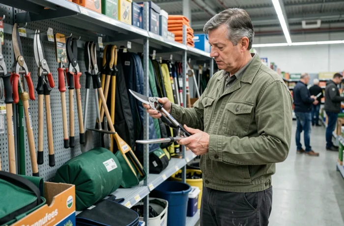 Homme comparant des sécateurs et équipements de jardinage dans le rayon outillage d'une jardinerie professionnelle