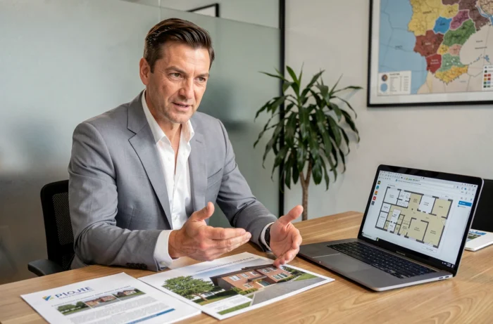 Conseiller immobilier en réunion de consultation avec un client dans une agence professionnelle en Isère