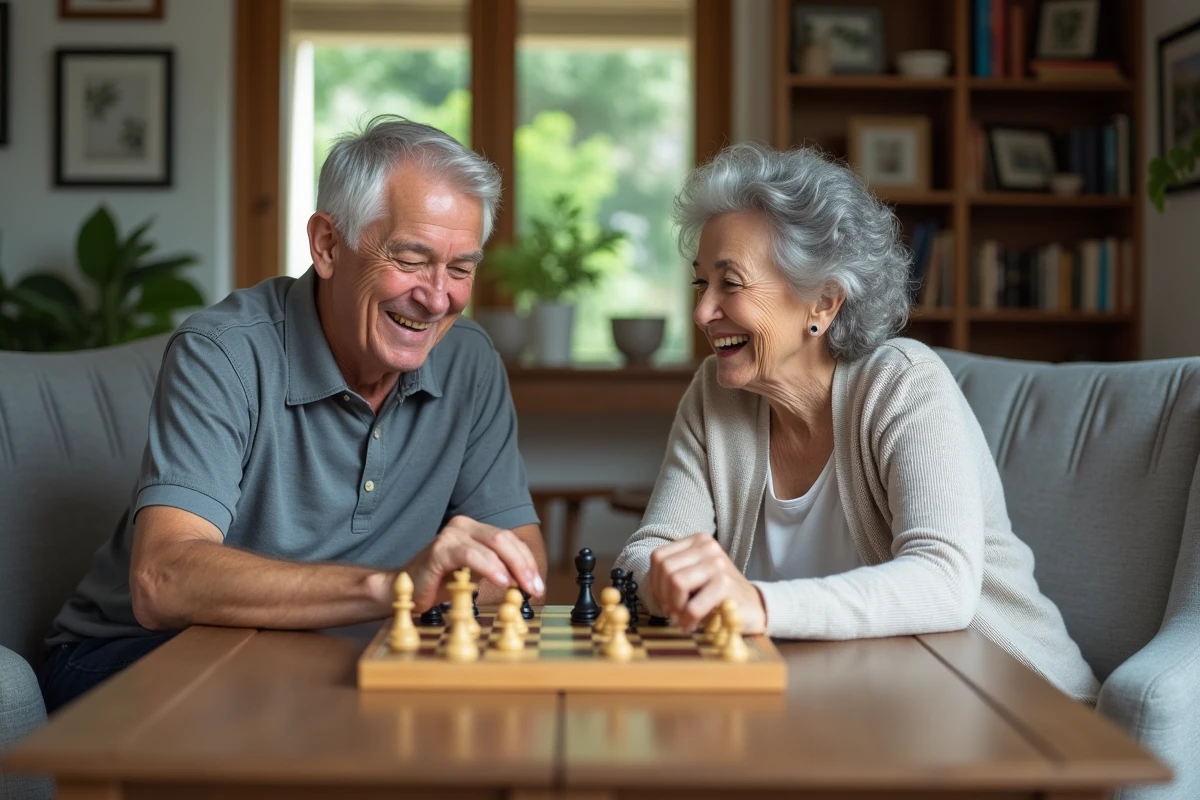 Couple senior jouant aux échecs dans un salon chaleureux