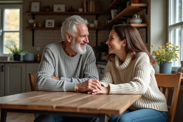 Couple d'adultes souriants dans une cuisine chaleureuse