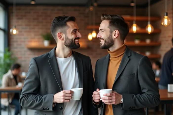 Deux hommes en couple dans un café moderne, regard complice et atmosphère chaleureuse et urbaine