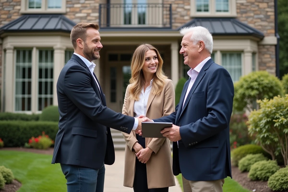 Jeune couple souriant devant une maison en pierre