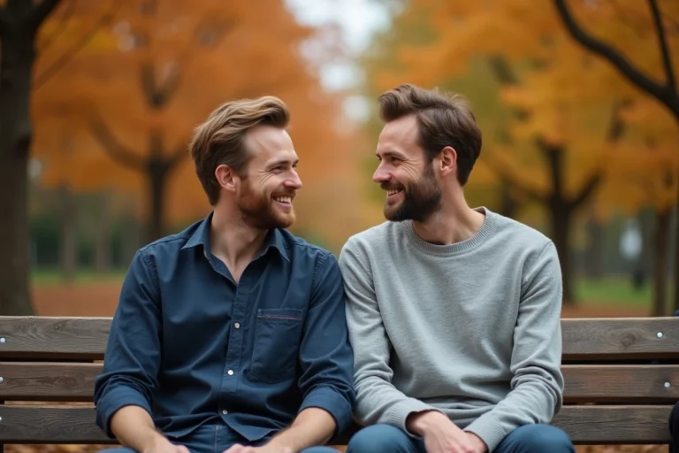 Couple de deux hommes assis sur un banc dans un parc en automne, souriant et partageant un moment de complicité