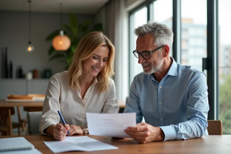 Couple d'adultes regardant des documents immobiliers dans un appartement moderne