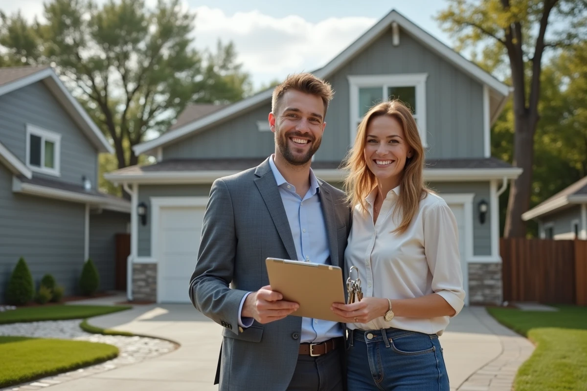 Jeune couple souriant devant une maison neuve dans un quartier résidentiel