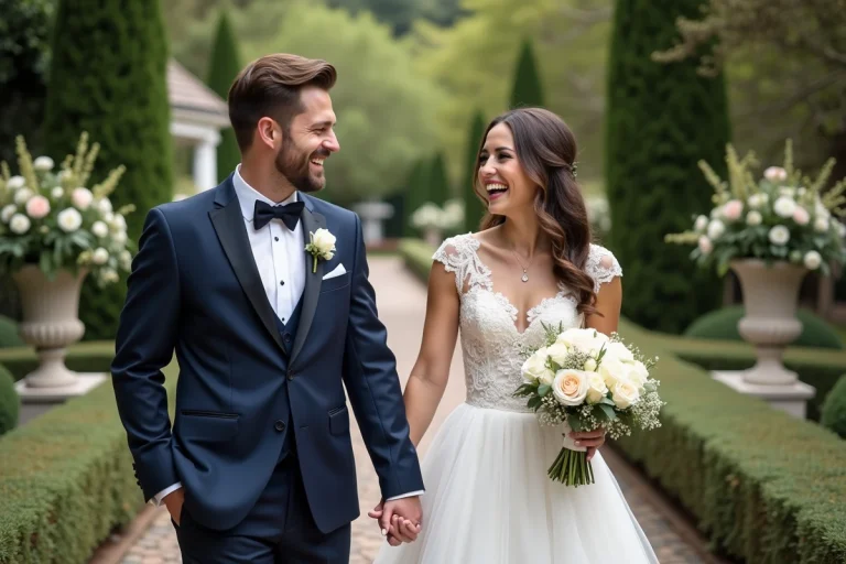 Jeune couple marié dans un jardin lors d'un mariage