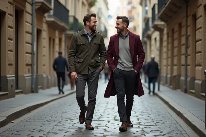 Couple de deux hommes se promenant dans une rue pavée européenne, ambiance décontractée et complicité au quotidien