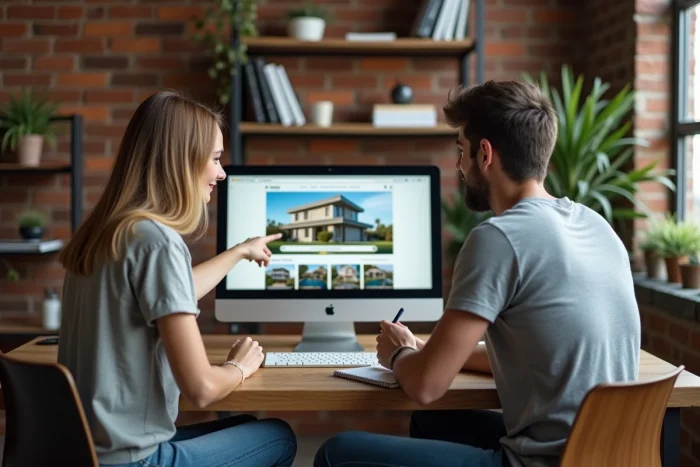 Couple cherchant un bien immobilier ensemble sur un ordinateur de bureau dans un bureau à domicile