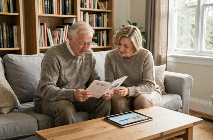 Couple de retraités dans la soixantaine consultant un guide de simulation de retraite sur canapé à domicile