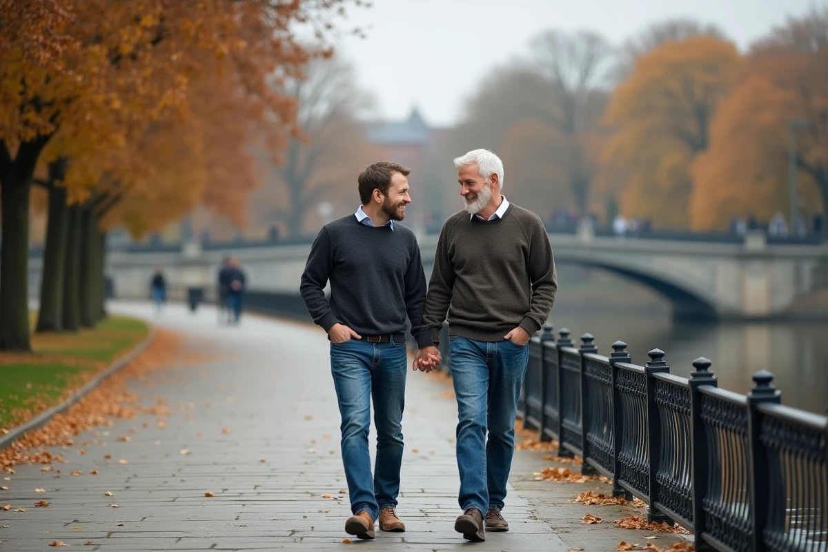 Deux hommes marchant main dans la main au bord de la rivière