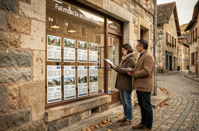 Couple consultant les annonces immobilières en vitrine d'une agence professionnelle dans un bourg d'Isère en automne