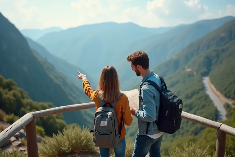 Jeune couple souriant regardant une carte avec vue sur les montagnes