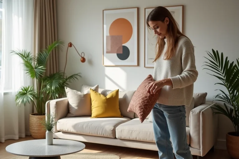 Femme stylée arrangeant coussins géométriques dans un salon moderne