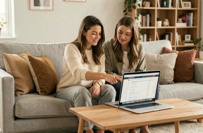 Deux femmes découvrant ensemble le plan de navigation d'un blog pour mamans sur un ordinateur portable dans un salon chaleureux