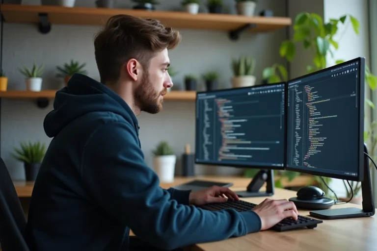 Jeune développeur concentré devant un double écran dans un bureau high-tech minimaliste avec gadgets technologiques