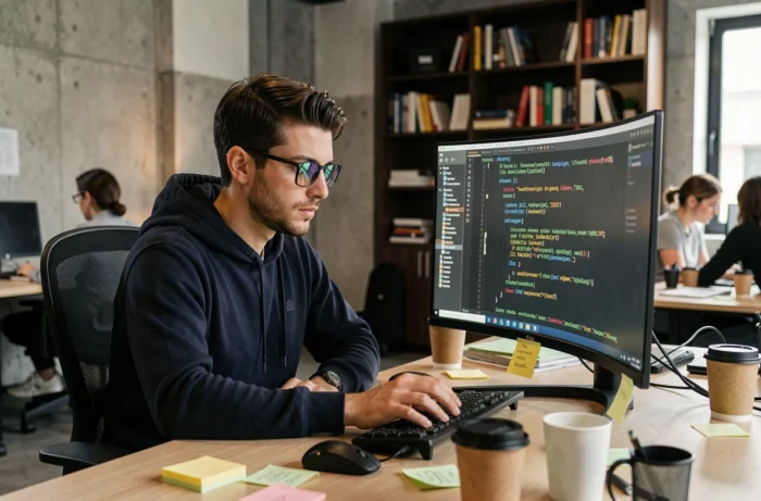 Développeur concentré analysant du code X-Script sur un grand écran courbe dans un bureau moderne