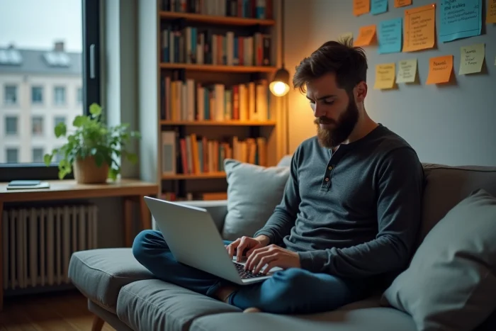 Développeur web travaillant depuis chez lui sur un projet de site internet, entouré de notes et livres techniques