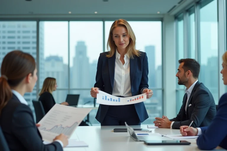 Dirigeante d'entreprise présentant des graphiques de croissance à son équipe lors d'une réunion stratégique en salle de conférence moderne