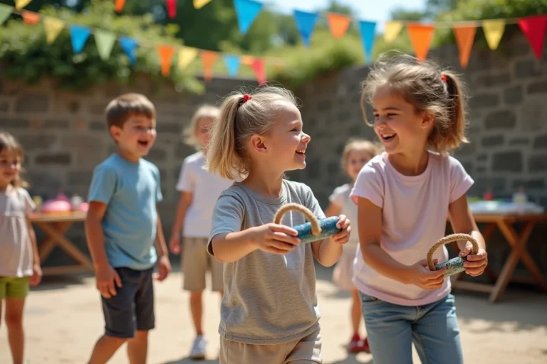 Enfants jouant à un jeu de lancer de cercles en plein air