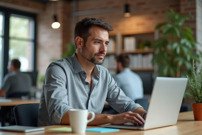 Entrepreneur concentré travaillant sur sa stratégie de croissance business depuis un bureau moderne en open space