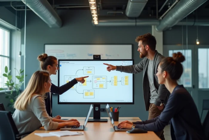 Équipe de professionnels collaborant sur l'architecture d'un projet web devant un grand écran en open space