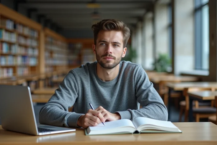 Étudiant en droit consultant des ouvrages juridiques dans une bibliothèque universitaire pour comprendre la forclusion et la prescription en droit français