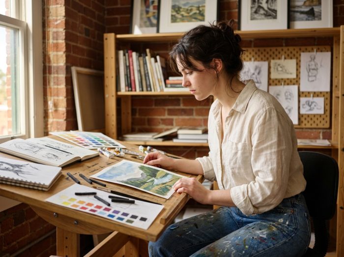 Étudiante en prépa art travaillant sur un projet créatif dans un atelier avec esquisses et peintures