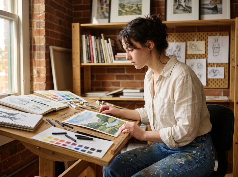 Étudiante en prépa art travaillant sur un projet créatif dans un atelier avec esquisses et peintures