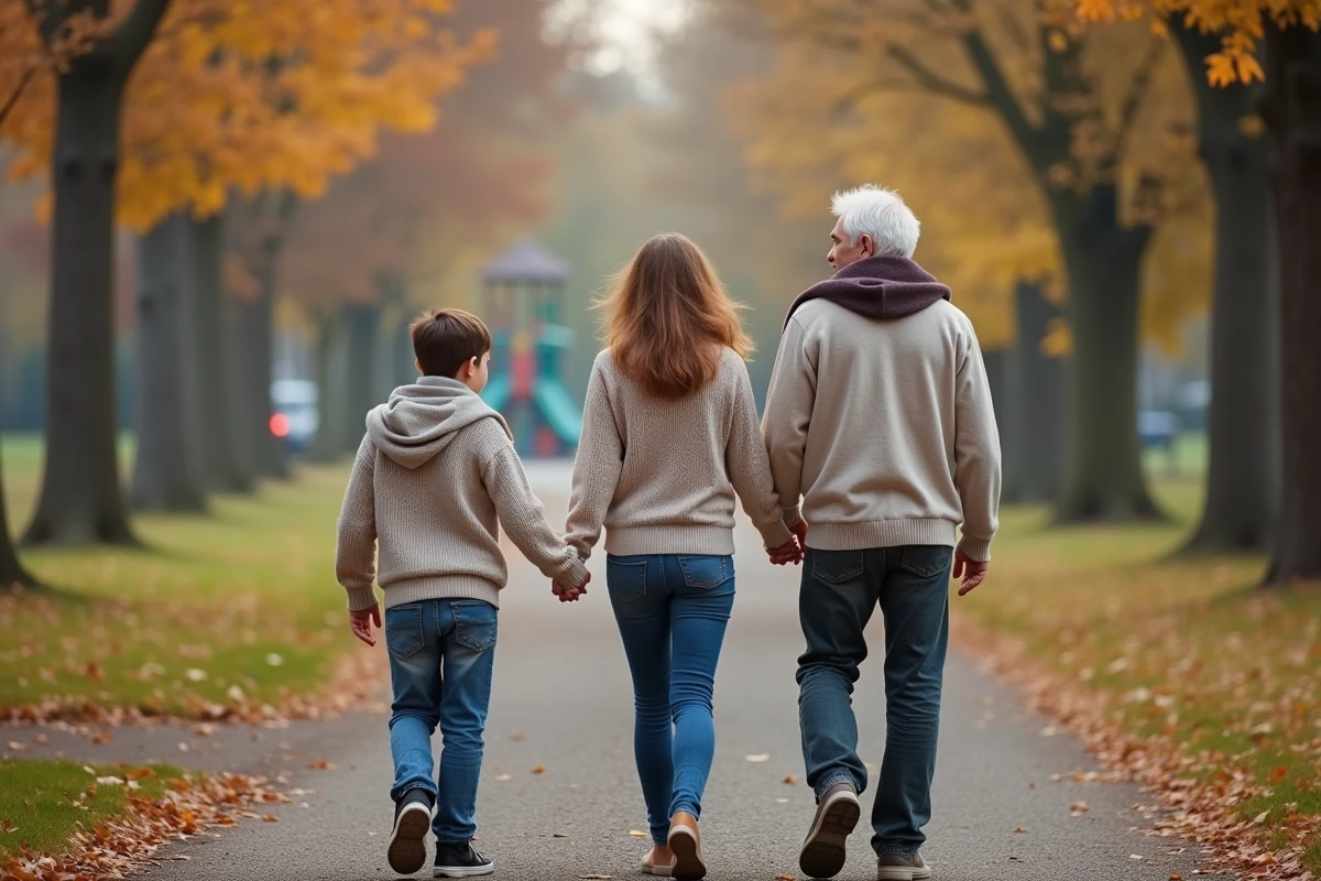 Famille en promenade automnale dans un parc