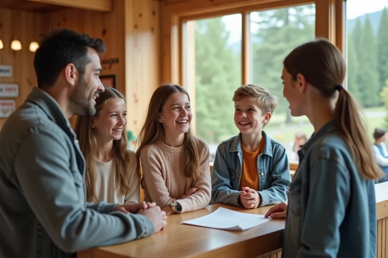 Famille souriante à la réception d un village vacances
