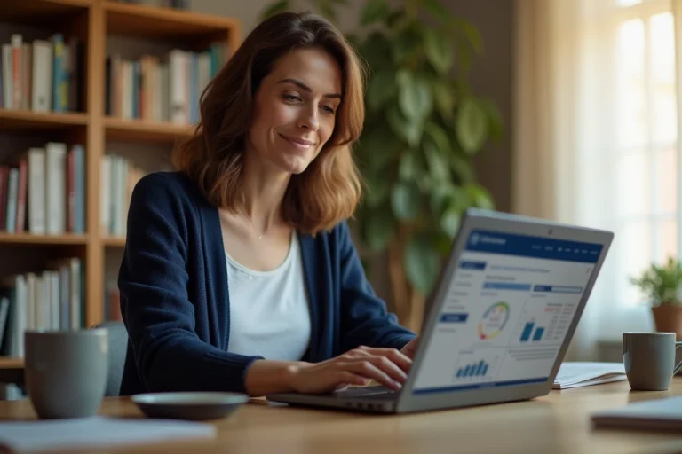 Femme d'âge mûr consultant ses services d'assurance sociale en ligne sur un ordinateur portable à son bureau à domicile