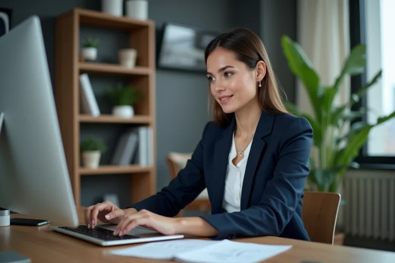 Femme d'affaires analysant des données numériques dans un bureau moderne
