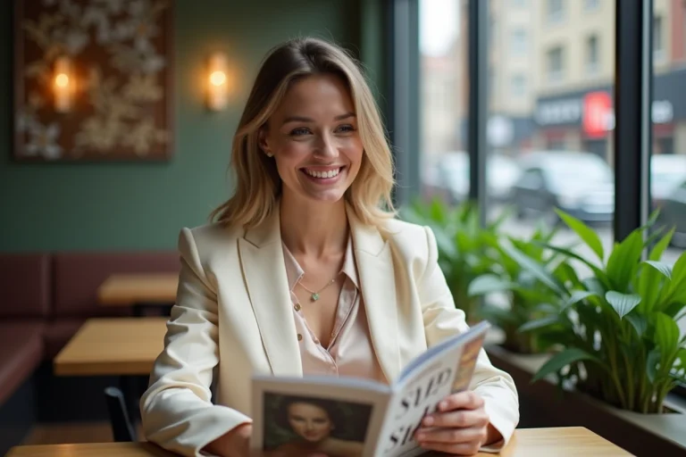 Femme souriante en blazer crème dans un café cosy