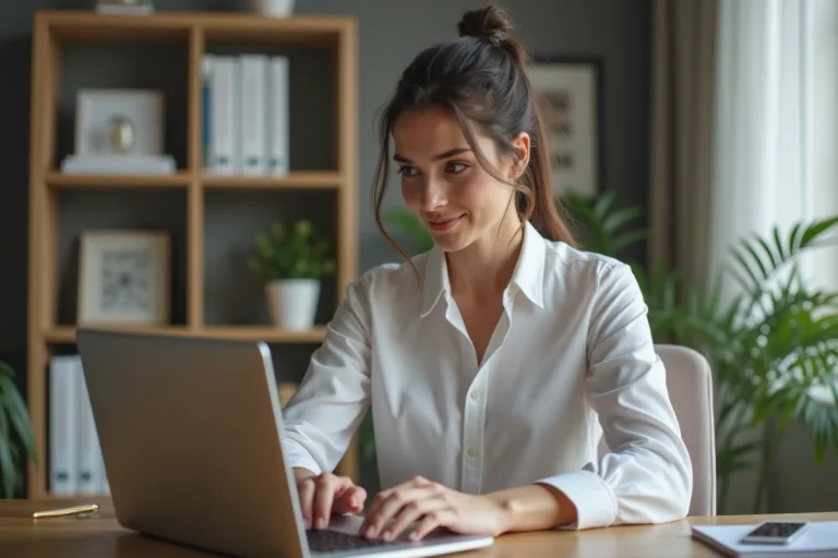 Femme assise à son bureau à domicile en train de taper