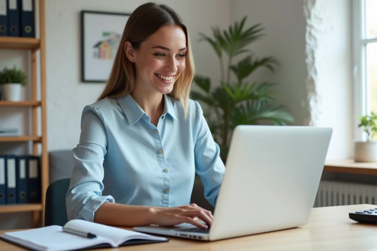 Femme souriante utilisant un site immobilier sur son ordinateur