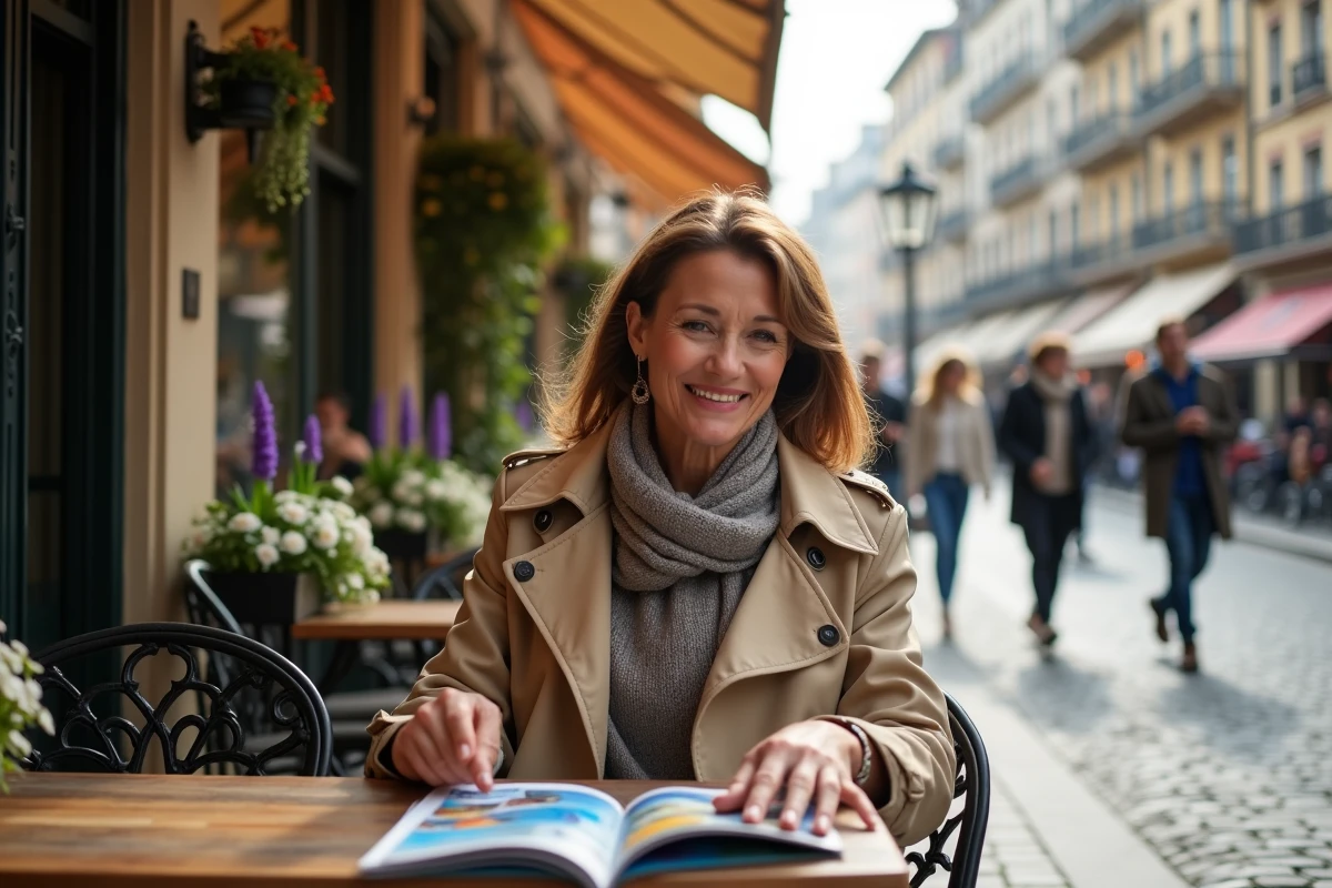 Femme assise au café lisant des brochures de voyage en ville