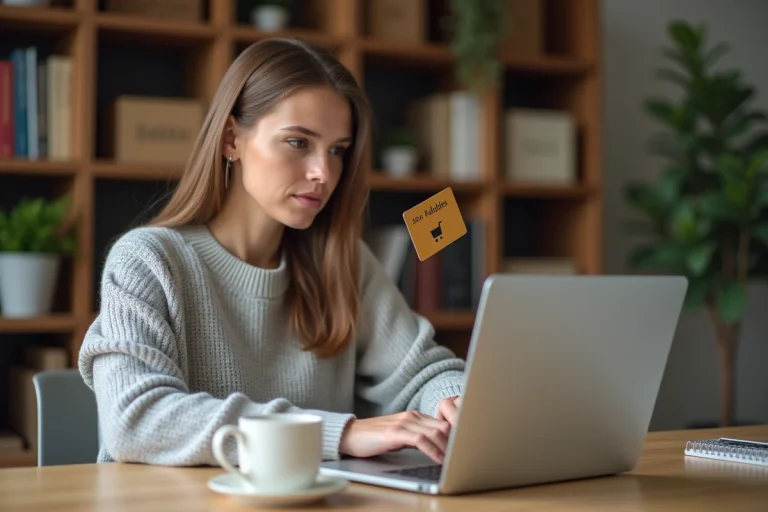 Femme utilisant une carte cadeau Kadéos pour payer sur Amazon depuis son ordinateur portable à la maison