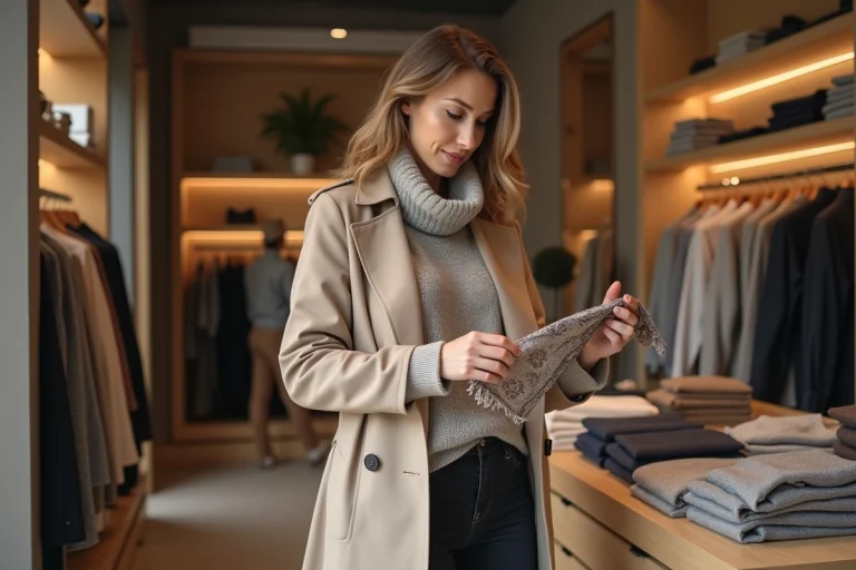 Femme élégante examine une écharpe dans une boutique chic